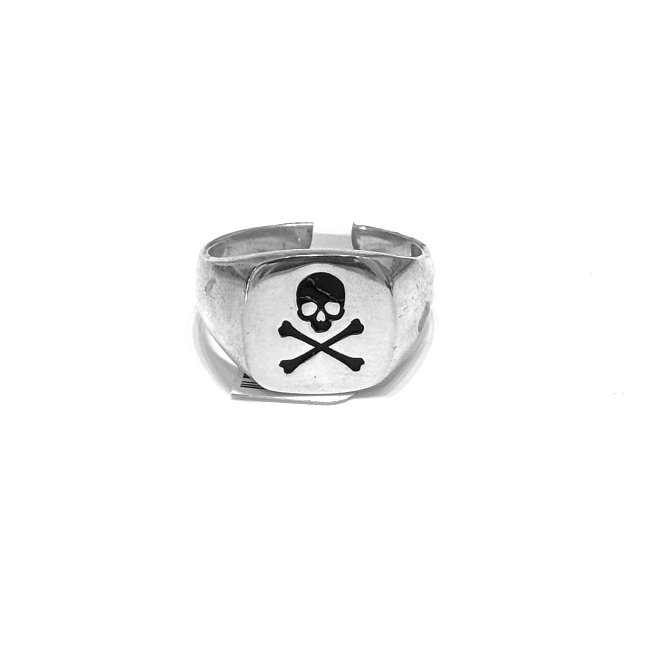 Sterling Silver Black Skull & Cross Bones Signet Ring