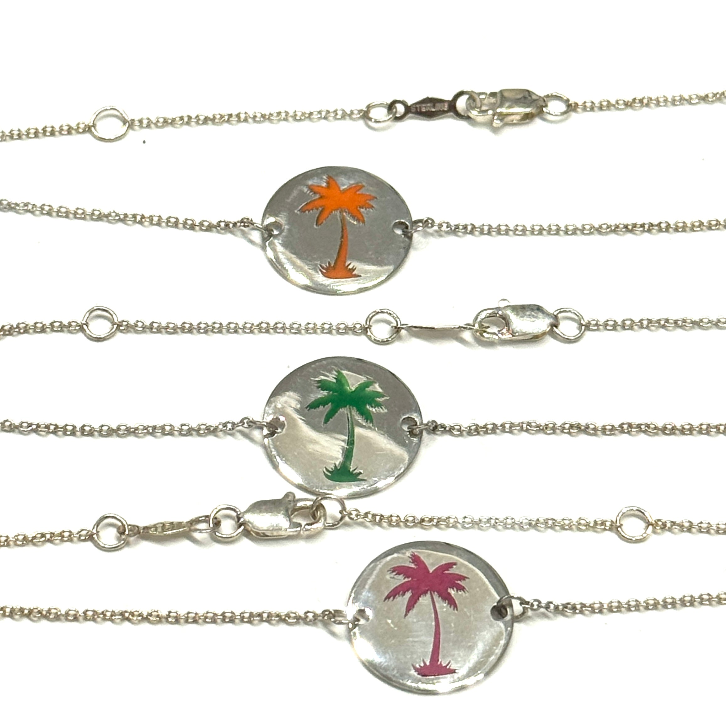 Sterling Silver Pink Palm Tree Disc Bracelet