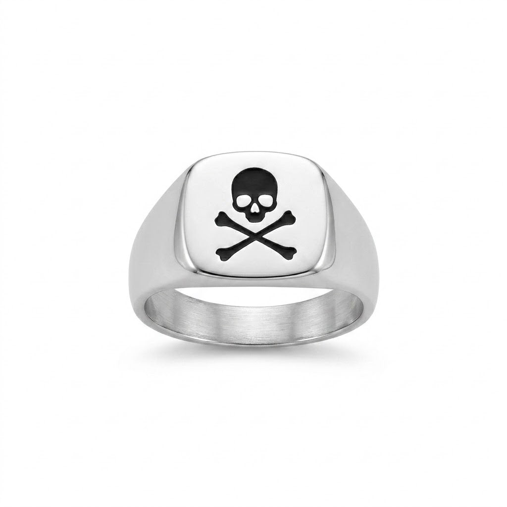 Sterling Silver Black Skull & Cross Bones Signet Ring