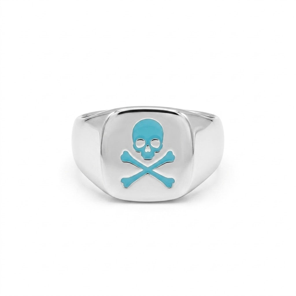 Sterling Silver Teal Skull & Cross Bones Signet Ring