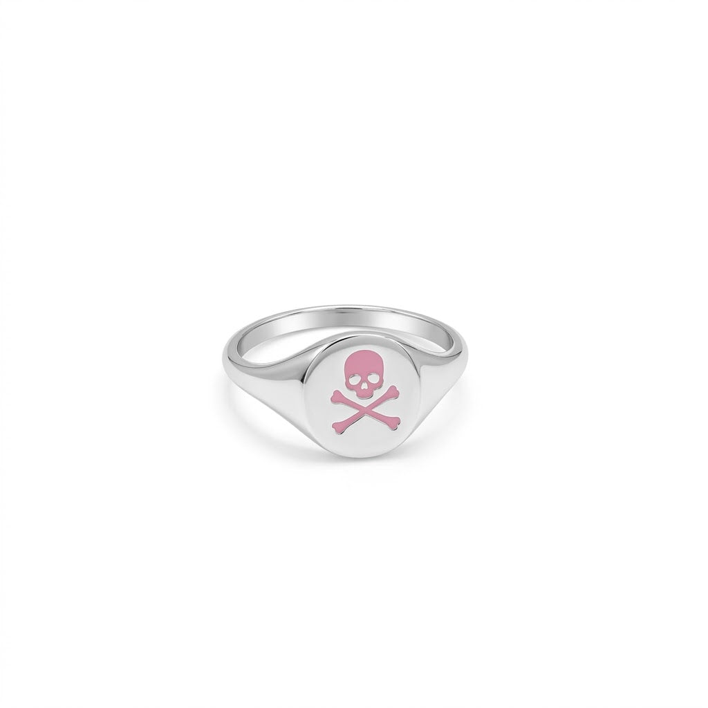 Sterling Silver Pink Skull & Cross Bones Signet Ring