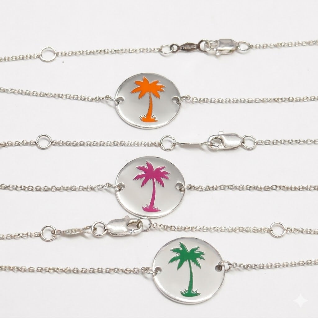 Sterling Silver Green Palm Tree Disc Bracelet